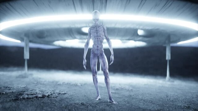 Flying saucer with alien on moon. UFO concept. Realistic metal shaders. 4K animation.
