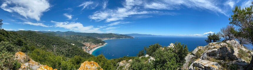 Panoramic view of the Ligurian coast in front of Noli, Spotorno and Bergeggi, Liguria - Italy