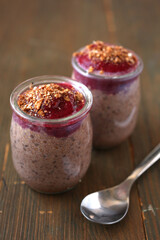 Chocolate chia pudding in a glass jar