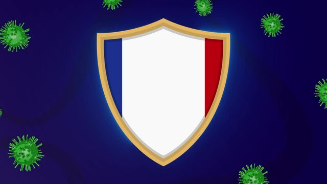 Shield of France national flag protection animation. Country medicine protection from coronavirus attacking on blue background