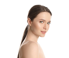 Portrait of young woman with beautiful face on white background