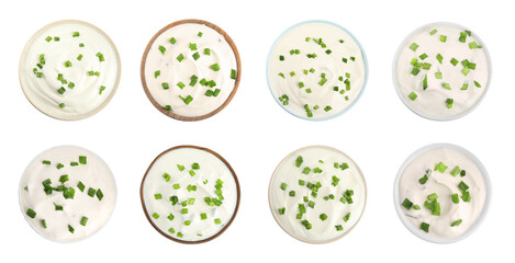 Set of delicious sour cream with onion in bowls on white background, top view