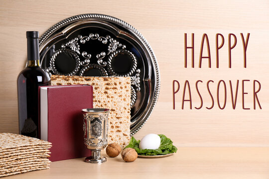 Symbolic Pesach (Passover Seder) Items On Wooden Table