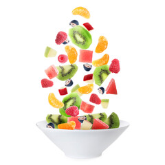 Fresh tasty fruits and berries falling into bowl on white background