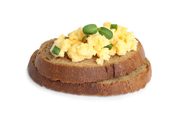 Tasty scrambled egg sandwich isolated on white