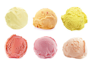 Set with scoops of different ice creams on white background