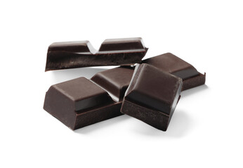 Pieces of delicious dark chocolate isolated on white
