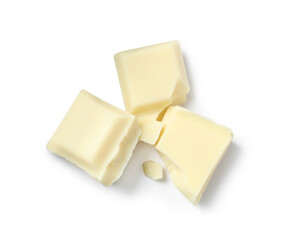 Pieces of delicious chocolate isolated on white, top view