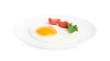 Tasty fried egg with parsley and tomato isolated on white