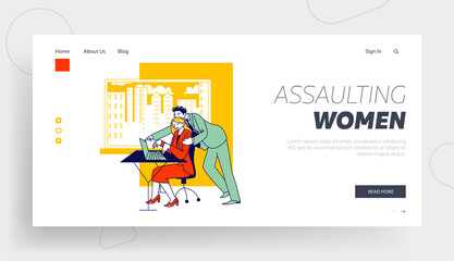 Obraz na płótnie Canvas Sexual Assault, Harassment Landing Page Template. Company Boss Character Put Hand on Woman Shoulder at Workplace. Secretary Office Girl Victim of Lascivious Exaction. Linear People Vector Illustration
