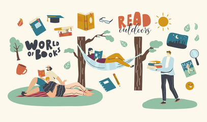 People Reading Books Outdoor. Happy Male and Female Characters Open Air Sparetime with Interesting Books. Men and Women Spending Time Relaxing and Read Literature on Nature. Linear Vector Illustration