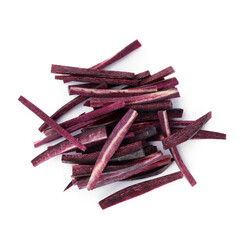 Raw purple carrot sticks isolated on white, top view
