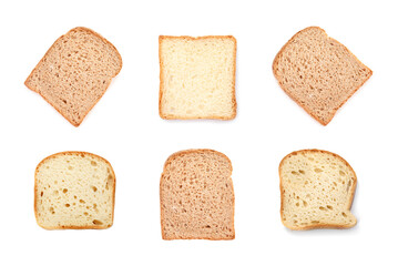 Set of bread slices on white background, top view