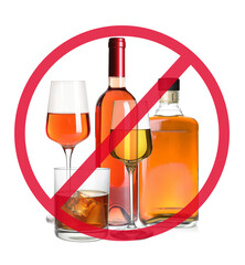 Set of different alcohol drinks and STOP sign on white background