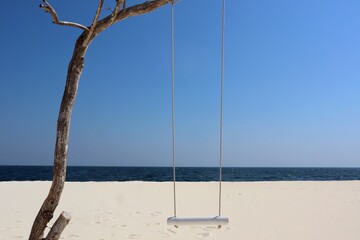 Beautiful beach. Tranquil scenery, relaxing beach, tropical landscape design. Sali Island, Myanmar. Maldives Of Myanmar. Beach with wooden swings. Twigs with a white rope swing on the beach. holiday. 
