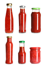 Set with delicious sauces in glassware on white background