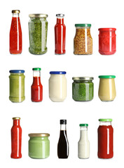 Set with delicious sauces in glassware on white background