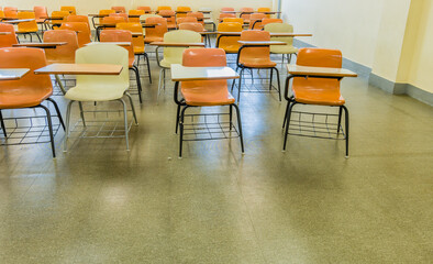 Classroom desks arranged haphazardly