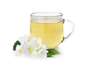Cup of tea and fresh jasmine flowers isolated on white