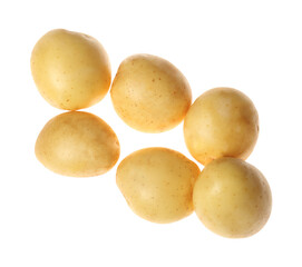 Fresh raw organic potatoes on white background, top view