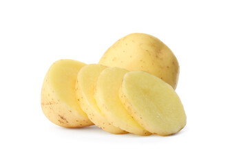 Whole and cut fresh raw organic potatoes on white background