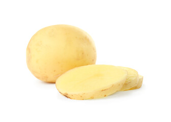 Whole and cut fresh raw organic potatoes on white background