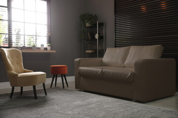 Stylish living room interior with elegant leather sofa