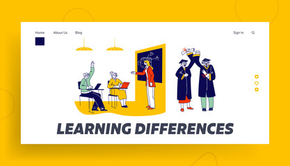 Obraz na płótnie Canvas Senior Students Learning in University Landing Page Template. Aged Characters Rising Hand for Answering Class, Aged People in Bachelor Gown and Hat Demonstrate Certificates. Linear Vector Illustration