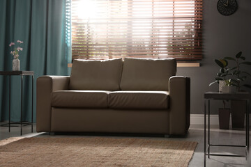Stylish living room interior with elegant leather sofa