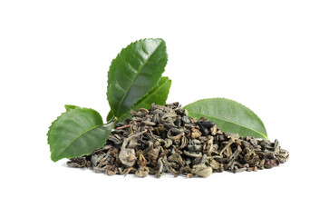 Dry and fresh tea leaves isolated on white