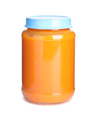 Jar with baby food isolated on white