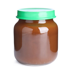 Jar with baby food isolated on white