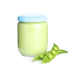 Jar with baby food and pod with peas on white background