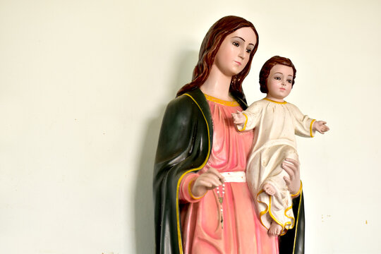 Statue of Our lady and child Jesus in catholic church, Thailand. selective focus.