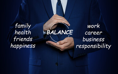 Man against blue background, closeup. Concept of balance between life and work