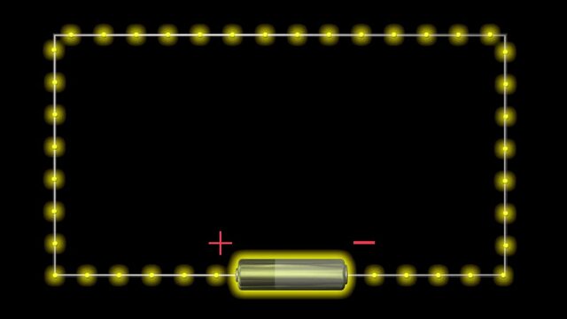 Electricity flowing through circuit with battery. Counter-clockwise motion. 3d animation