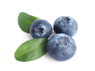 Fresh ripe blueberries with leaves on white background
