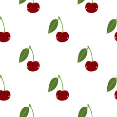 Kawaii Cartoon Cherry. Seamless Vector Patterns