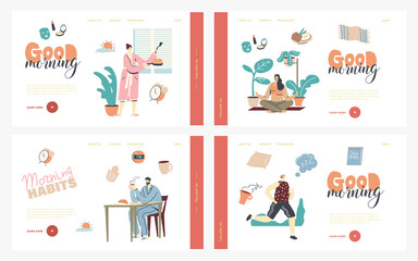 Morning Habits. Characters Daily Routine Landing Page Template Set. Man Woman Waking Up, Cook Breakfast, Drinking Coffee. Girl Doing Yoga or Stretching, Man Jogging. Linear People Vector Illustration
