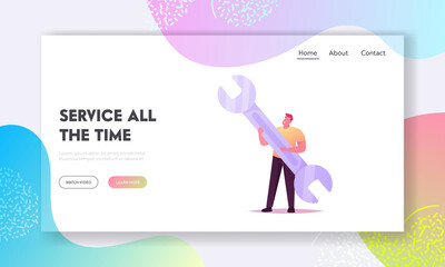 Technical Support Service Landing Page Template. Tiny Man Character Hold Huge Wrench. Man with Spanner Repair Instrument for Fixing Broken Things, Construction Tool. Cartoon Vector Illustration