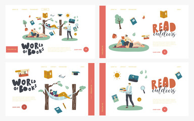 People Reading Books Outdoor Landing Page Template Set. Characters Open Air Sparetime with Interesting Books. Men Women Spend Time Relaxing and Read Literature on Nature. Linear Vector Illustration