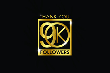 90K,90.000 Followers thank you logotype with golden Square and Spark light white color isolated on black background for social media, internet, website - Vector