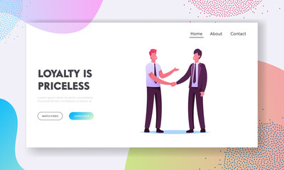 Customer Relationship Management Landing Page Template. Business Partners Men Handshaking and Partnership . Businesspeople Characters Meeting for Project Discussion. Cartoon People Vector Illustration