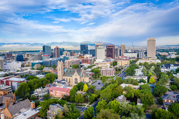 Cathedral of the Madeline Downtown Salt Lake June Skyline Wide