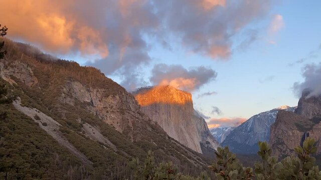 The beautiful wall of El Capitan in the Yosemite Valley during sunset - wide