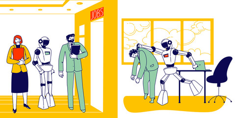 Human Characters Vs Robots Concept. Boss Cyborg Kicking Out Employee Out of Office. Job Seekers Waiting in Hall for Interview. Future and Artificial Intelligence. Linear People Vector Illustration