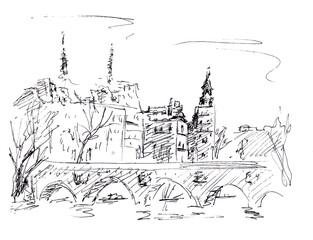 graphic black and white drawing, travel sketch view of Paris and bridge over the Seine river