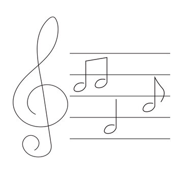 Line art music notes, treble clef, white background, vector illustration.