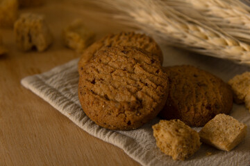 Close-up of chocolate cookies chip on wooden table