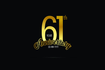 61 year anniversary celebration logotype. anniversary logo with golden color isolated on black background - Vector